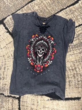 Affliction Washed Black Graphic Lace-Up Tee with Skull Chief